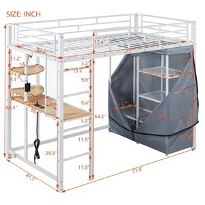 Letto a Soppalco in Metallo Bianco per Letto Singolo con Scrivania, Mensole, Presa di Corrente, Luce LED e Armadio - Product Image 6