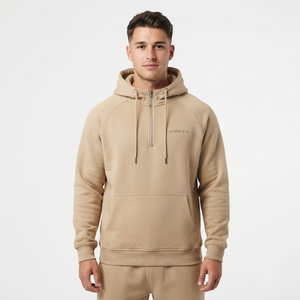 Sweat à capuche pour homme tendance, de haute qualité, écologique, avec logo personnalisé, demi-zip, avec poches kangourou, couleur beige unie - Product Image 5