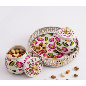 Plateau de service décoratif moderne en fer avec impression Pichwai, 2 pots de rangement, thème fruits, cadeaux personnalisés pour Diwali et mariage - Product Image 3