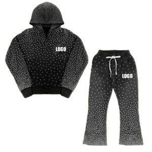 Pantalon de survêtement unisexe coupe classique longueur intégrale décoré de strass, taille élastique, style décontracté, motif à pois noirs, polyester/coton - Product Image 6