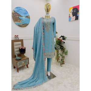 Fancy Chinon Silk <b>Sequin</b> Embroidery Work <b>Top</b> Bottom Set with Dupatta Sky - Product Image 1