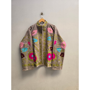 <b>Women</b>’s <b>Velvet</b> Jacket with Mandarin Collar and Colorful Floral Embroidery, Long Sleeve Vintage Bohemian Prairie Chic Autumn <b>Coat</b> - Product Image 3