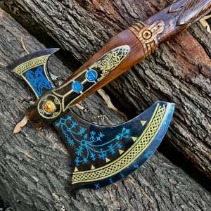 Hache de Kratos God of War, forgée à la main en acier inoxydable, type tomahawk, avec manche en bois industriel pour bricolage, 9 lames coupantes, 40'' de longueur totale - Product Image 3