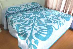 Personalized Blue Hawaiian Cotton Quilt Bedspread Hand Appliqued Hand Quilted Custom Heirloom Bedding For <b>Queen</b> And King <b>Beds</b> - Product Image 1