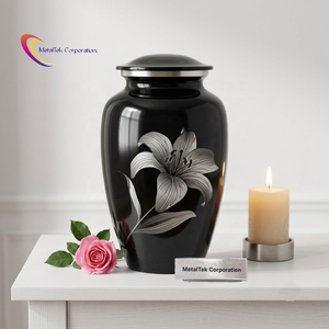 Nouvelles Urnes Funéraires en Métal Noir avec Fleur de Lys Blanche pour Adultes, Urnes de Crémation, Urnes à Cendres, Vente en Gros à Bas Prix, Pot de Rangement pour Cendres - Product Image 1
