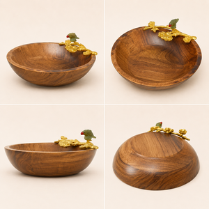 Handmade <b>Mango</b> <b>Wood</b> Serving <b>Bowl</b> With Decorative Brass Bird Handle Luxury Round Fruit And Salad <b>Bowl</b> For Home And Hotel Usage - Product Image 2