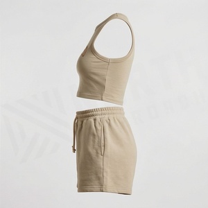 Conjunto Casual de 2 Piezas Tejido para Mujer, Top Corto sin Mangas con Estampado de Letras y Pantalones Cortos por Encima de la Rodilla, Beige, Algodón, Ropa de Primavera/Verano - Product Image 3