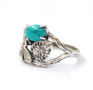 Anillo de Plata de Ley 925 con Turquesa Ovalada Natural, Tallado a Mano con Forma de Insecto, Joyería Unisex para Uso Diario - Product Image 2