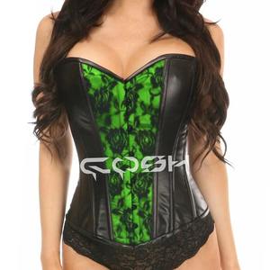 Corset en cuir noir inspiré du style vintage avec détails en satin rouge et dentelle florale - Product Image 6