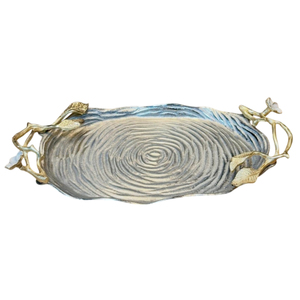 Handcrafted Aluminum <b>Serving</b> <b>Tray</b> With Decorative <b>Gold</b> Branch Flower Handle Modern Oval Hammered Metal Platter For Home Decor - Product Image 4