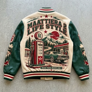 <b>Men</b> Green <b>Cream</b> Letterman <b>Jacket</b> Leather Sleeves Retro Road Trip Graphic Snap Front Ribbed Custom Streetwear - Product Image 6