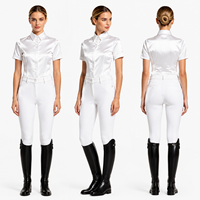 Chemisier d'équitation blanc en satin pour femme, col pointu, patte de boutonnage cachée, manches courtes, haut de concours, personnalisable OEM