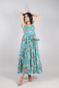 ชุดเดรสยาวผ้าฝ้ายพิมพ์ลายบล็อกอินเดียสำหรับฤดูร้อนและฤดูใบไม้ร่วง ผลิตจากวัสดุที่ยั่งยืน ทอแบบไม่ถักทอ ลายเรียบ - Product Image 5