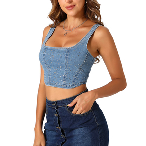 Women's Denim Tank <b>Top</b> Square Neck Sleeveless <b>Crop</b> <b>Top</b> With <b>Rhinestones</b> Button Front Mini Casual Summer Outfit <b>Tops</b> - Product Image 3