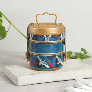 Hammered brass tiffin <b>box</b>, 3 tier metal food <b>container</b>, copper gold vintage lunch <b>box</b>, available at wholesale prices. - Product Image 5