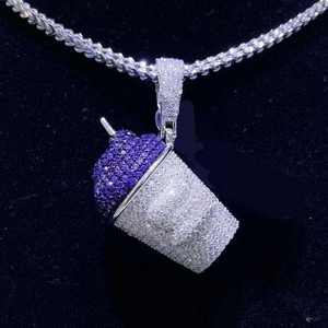 Collar llamativo estilo Hip Hop con colgante tipo taza 'Iced Out' y dije de moissanita, chapado en oro blanco y morado, joyería - Product Image 3