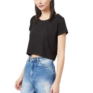 T-shirt court noir en coton pour femme, manches courtes, coupe ajustée, décontracté, mode estivale, vente en gros OEM - Product Image 5