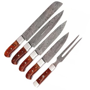 Juego de 5 cuchillos de cocina de acero de Damasco con mangos de madera, hojas de punta recta, cuchillos profesionales para chef OEM - Product Image 5