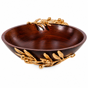 Cuenco Redondo de Madera Hecho a Mano con Asas de Metal con Diseño de Rama de Olivo, Centro de Mesa Decorativo Premium para Hoteles y Hogar - Product Image 1