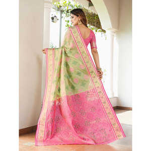 ผ้าส่าหรีปาโตลาทอแบบออร์แกนซ่าสีเขียวพิสตา ประดับด้วยด้ายซารี  เสื้อผ้าอินเดียและปากีสถาน - Product Image 4