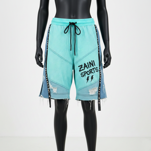 กางเกงขาสั้นผู้หญิงพรีเมียม 180 GSM ผ้าโพลีเมชระบายอากาศสีเขียวอมฟ้า แต่งแถบข้างด้วยผ้าเดนิม พร้อมโลโก้แบบรีดร้อนตามสั่ง - Product Image 6