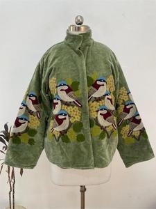 Bohemian Green <b>Velvet</b> Embroidered Suzani Jacket With Sparrow Bird Pattern Full Sleeve Stand Collar Bohemian <b>Women</b> Autumn <b>Coat</b> - Product Image 2