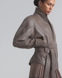Women Faux <b>Leather</b> Short Jacket, Stand Collar <b>Belted</b> Waist Coat, Puff Sleeve Fashion Autumn Outerwear 2026 - Product Image 3