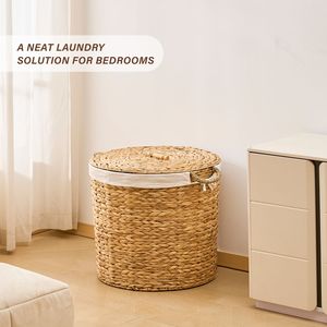 Cesto Portabiancheria Rotondo da 145L con Coperchio in Giacinto d'Acqua Naturale Intrecciato - Soluzione di Stoccaggio Premium - Product Image 4