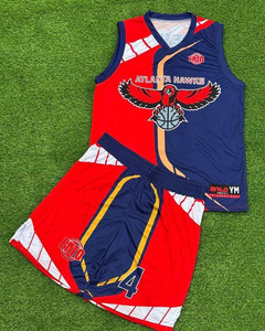 Ensemble de maillots de basketball personnalisés de qualité supérieure, unisexe, sans manches, col en V, taille élastique sur le devant, uniforme sublimé rouge et bleu, respirant - Product Image 6