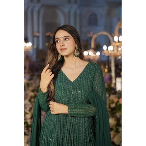 Conjunto de Traje Bordado en Georgette Verde para Mujer NIGHT STAR SENARA de Aayna Clothing, Talla XS [34] TD-120 - Product Image 1