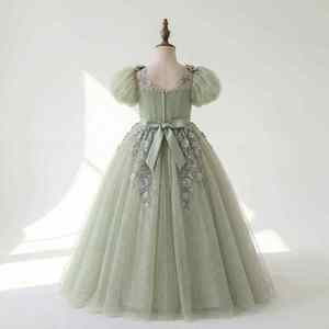 Elegante Vestido de Fiesta de Tul Suave con Mangas Abullonadas al por Mayor, Vestido de Princesa Verde Salvia Sólido, Vestido de Boda para Niña de las Flores, Fabricante - Product Image 3