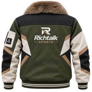 Blouson d'hiver pour homme, style bomber, avec blocs de couleur, col en fausse fourrure, fermeture éclair sur le devant, style sportif, épais, coupe-vent, en toile - Product Image 2