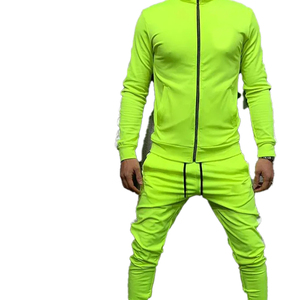 Survêtement vert fluo pour homme : veste zippée intégrale et pantalon de jogging à rayures latérales, style sportif avec col montant et poches - Product Image 4