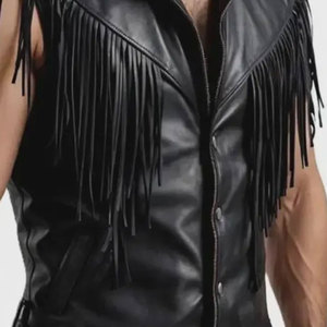 Veste en cuir PU noir pour homme, style motard, col montant, fermeture éclair, sans manches, coupe ajustée, respirante pour l'hiver - Product Image 2