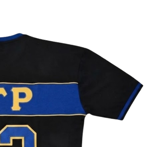 Camiseta Deportiva Premium SGRho Negra, Azul Rey y Dorada, Manga Corta, Número 22, Diseño Gráfico a Rayas, para Hermandades, Equipos Universitarios - Product Image 3