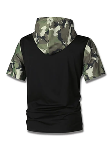 เสื้อฮู้ดแขนสั้นผู้ชายสีดำลายพราง คอปกสีตัดต่อ สไตล์สตรีทแวร์ ลายพราง มีซิปกระเป๋าเสื้อ แฟชั่นลำลองแนวอเมริกัน ทรงเข้ารูป - Product Image 3