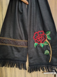 Women's Long Wool Scarf Black Floral <b>Embroidered</b> Rose Pattern Winter <b>Shawl</b> With Fringe Edge Durable Daily Wear - Product Image 5