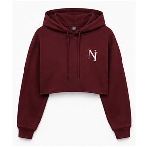 Women Cropped Hoodie <b>Maroon</b> Solid Color Long Sleeve Hooded Sweatshirt Casual Autumn Wear Embroidered Design Sweatshirt - Product Image 6