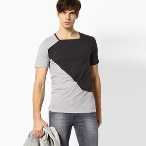<b>Mens</b> Color Block Asymmetric Diagonal Panel Grey Black Short Sleeve Cotton T-<b>Shirt</b> Custom Logo OEM ODM Wholesale Apparel - Product Image 5