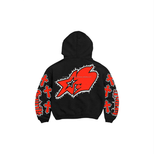 Ensemble survêtement streetwear homme en coton, avec sweat à capuche zippé et pantalon de survêtement évasé, motif graphique personnalisé, délavé, effet acid wash et strass - Product Image 4