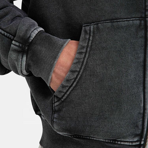 Sweat à capuche zippé noir pour homme 100 % coton, coupe oversize, décontracté, pour l'automne, couleur unie délavée à l'acide - Product Image 6