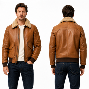 Chaqueta de cuero genuino marrón claro para hombre, de alta calidad y personalizada, con puños acanalados, cinturón, bolsillos con solapa y forro de sherpa. - Product Image 5