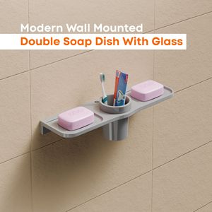 Jabonera doble de pared con soporte central de vidrio, accesorio moderno para baño, diseño minimalista, almacenamiento duradero - Product Image 3