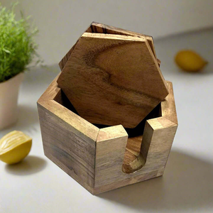 Sous-verres en bois élégants de forme hexagonale avec support, sous-verres en bois pour boissons, fabrication au prix le plus bas - Product Image 1