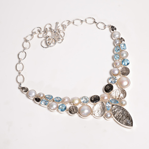 Natural Black Rutilated Quartz & Pearl and Blue Topaz <b>Statement</b> <b>Necklace</b> 925 Silver Rose Gold Yellow Gold Plated Jewelry Women - Product Image 1