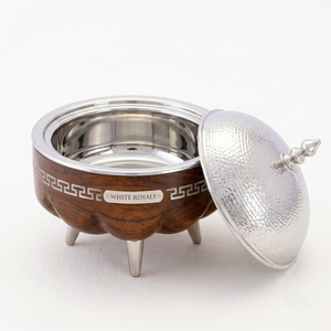 Royal Luxury Ramadan Hotpot Premium Wooden & Hammered Silver Casserole <b>Chafing</b> <b>Dish</b> <b>Buffet</b> <b>Set</b> for Gulf Wholesale - Product Image 3