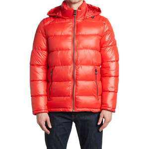 Men's <b>Red</b> <b>Hooded</b> Puffer <b>Jacket</b> Stand Collar Zipper Closure Windproof Down Filling Winter Casual Regular Fit Slim Style Wholesale - Product Image 1