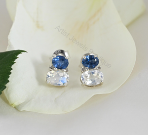 <b>Blue</b> Sapphire Moonstone <b>Earrings</b> Natural Sapphire <b>Stud</b> <b>Earrings</b> Rainbow Moonstone Diamond <b>Earrings</b> Gemstone Wholesale Customised - Product Image 2
