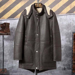 Chaqueta de Cuero Marrón para Hombre con Forro de Piel Sintética, Cuello Alto, Resistente al Viento, Abrigo de Invierno Largo, Corte Regular, Estilo Workwear - Product Image 1
