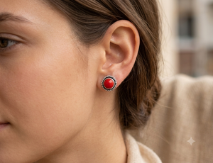 Boho Vintage 925 Sterling <b>Silver</b> Natural Red Coral <b>Stud</b> Earrings Oxidized Round Gemstone Ear <b>Studs</b> - Product Image 1